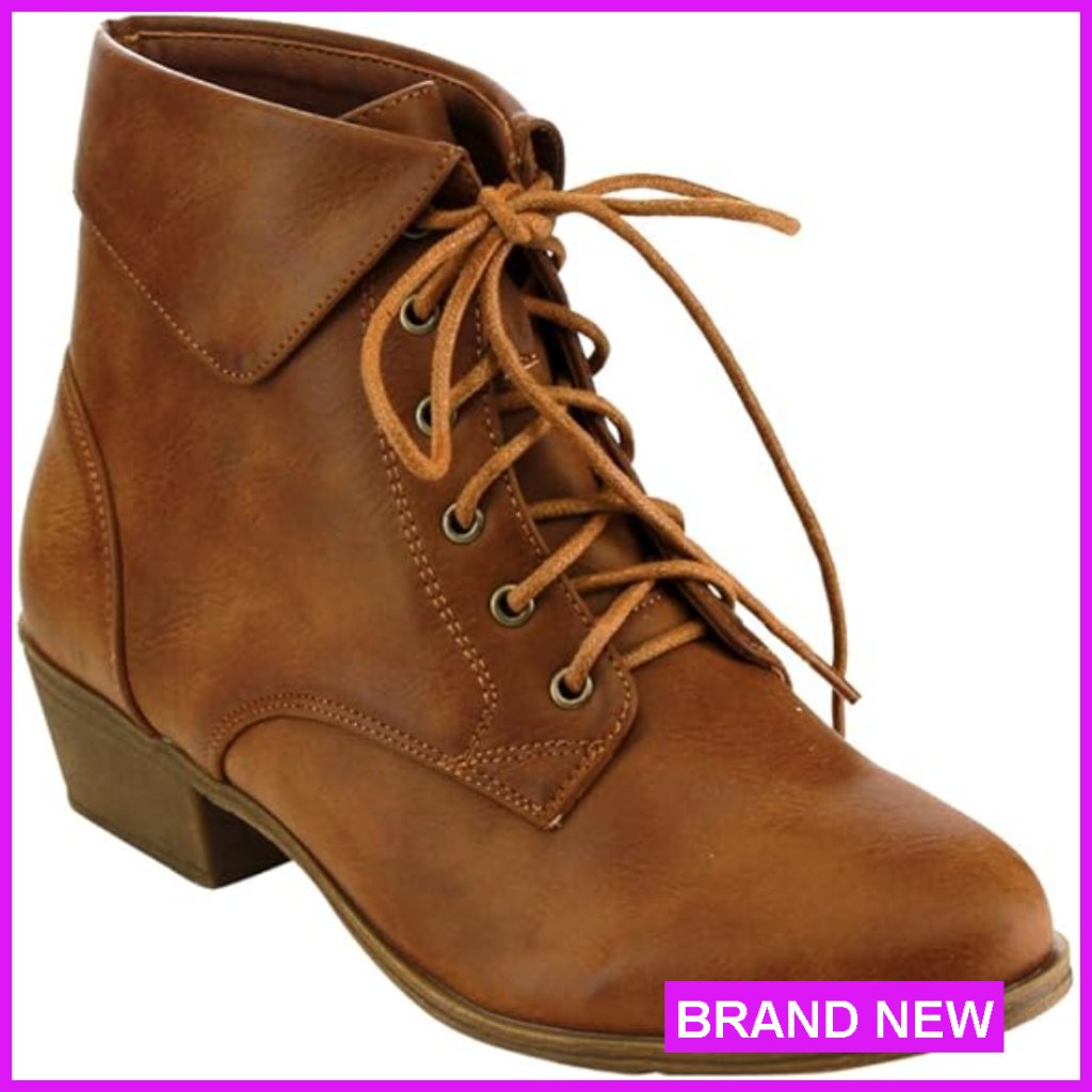 Chunky Heel Ankle Booties Foldover Lace Up Low Heel Stylish Retro Bootie